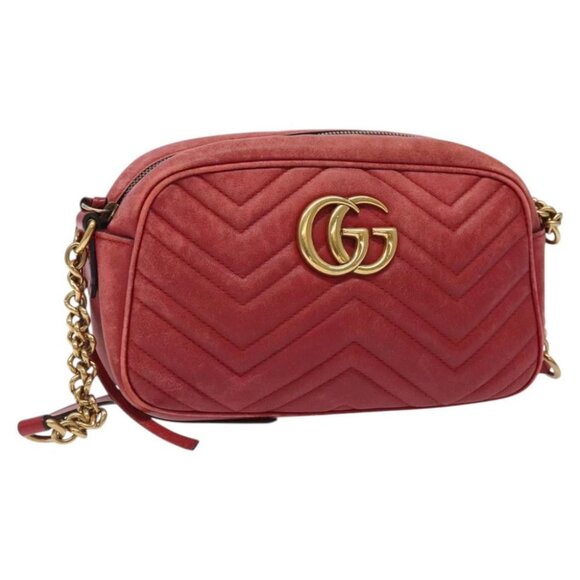 GUCCI GG Marmont Chain Shoulder Bag Leather Red Gold - Picture 1 of 15